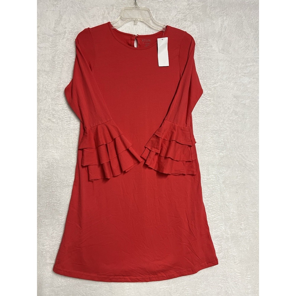 A.T.U.N Girls Red Ruffle Sleeve Dress Size 5-6 Years NWT 100% Cotton‎